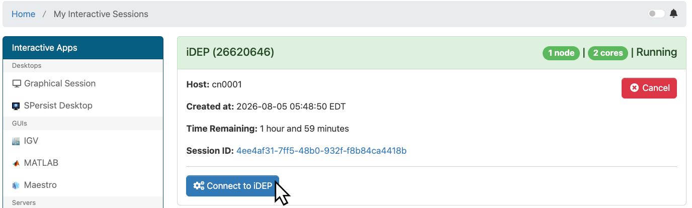 Open OnDemand session card with "Connect" button
